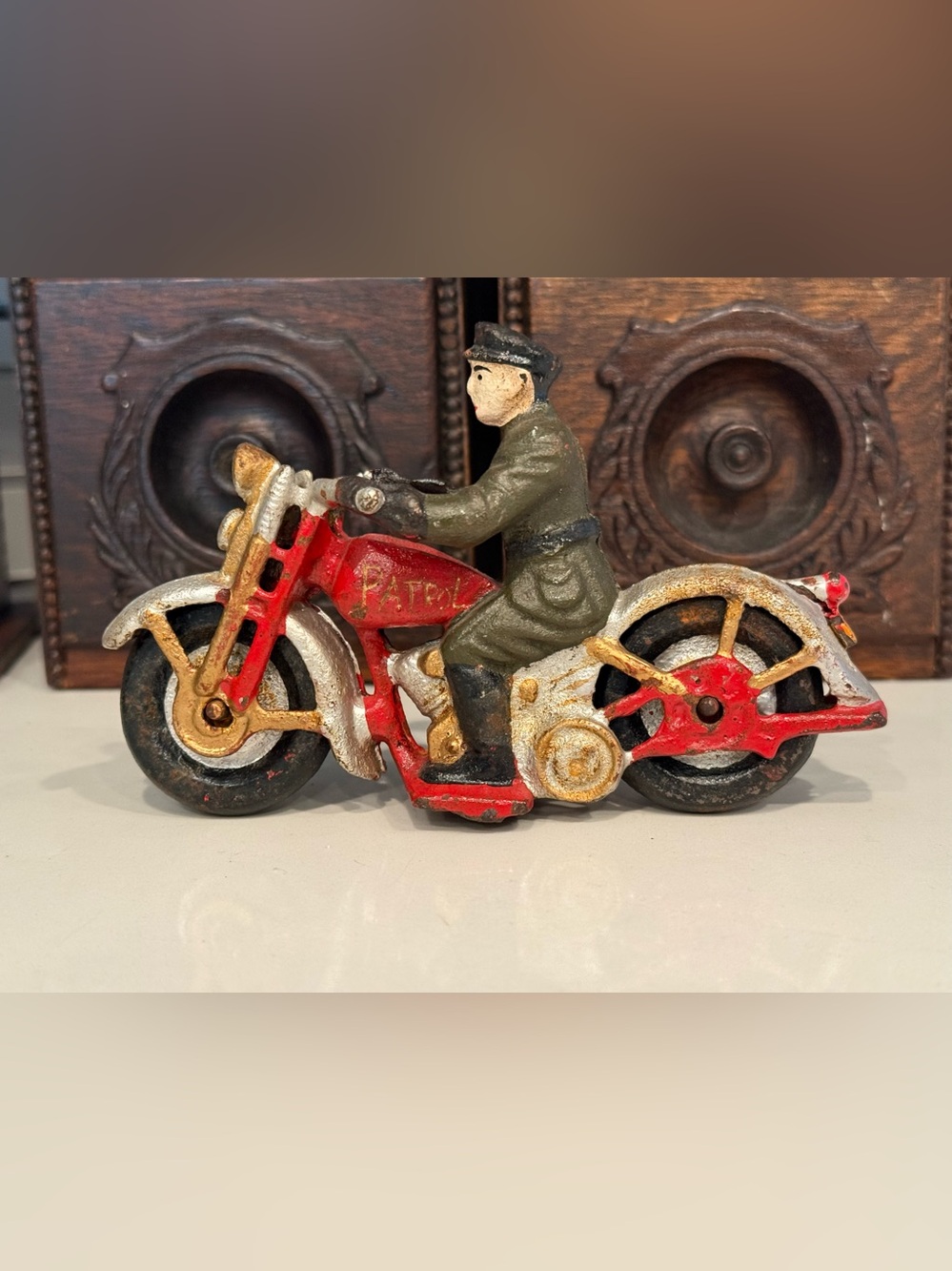 Vintage Cast Iron Police Officer Motorcycle “PATROL” Hubley Reproduction